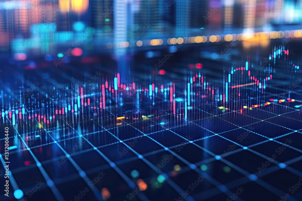 Poster futuristic digital stock market data visualization with dynamic candlestick charts and cityscape bac