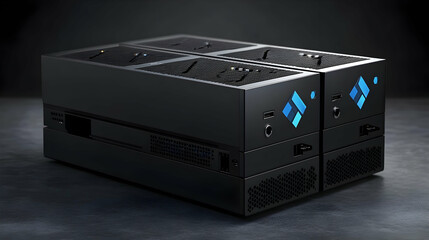 Obraz premium Black Gaming Console with Blue Accents on Dark Surface