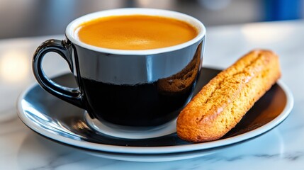Freshly Brewed Coffee in Black Cup With Biscuit on a Plate