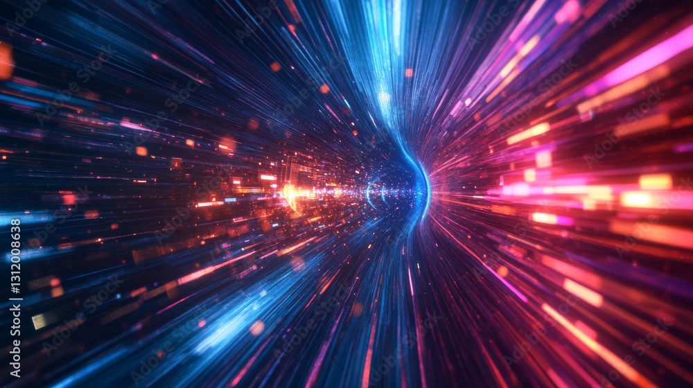 Poster a high-energy futuristic data flow design with an explosive effect, featuring neon glowing motion ra