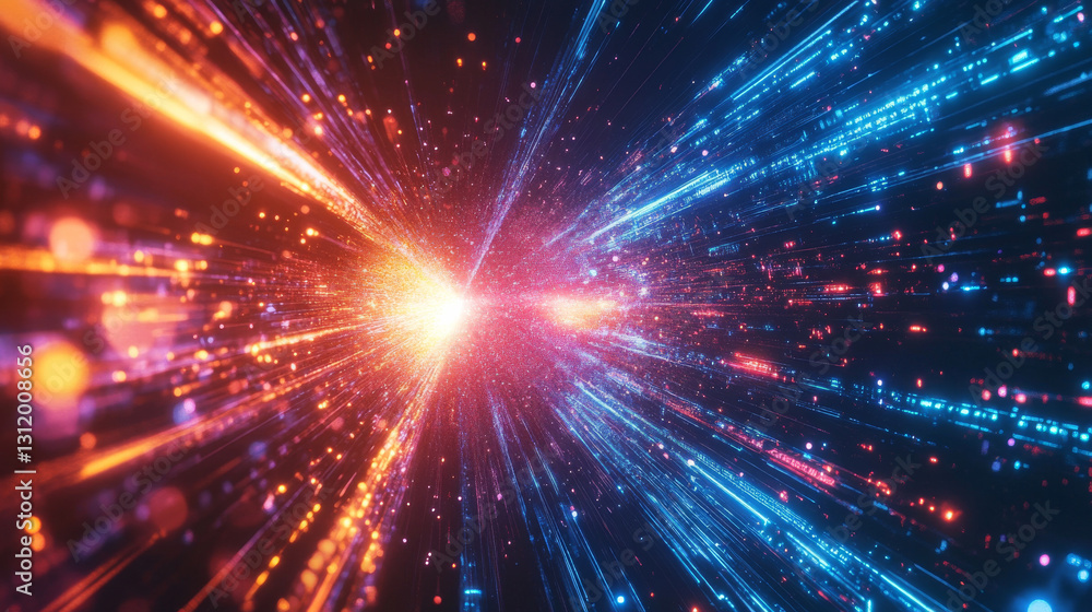 Poster a high-energy futuristic data flow design with an explosive effect, featuring neon glowing motion ra
