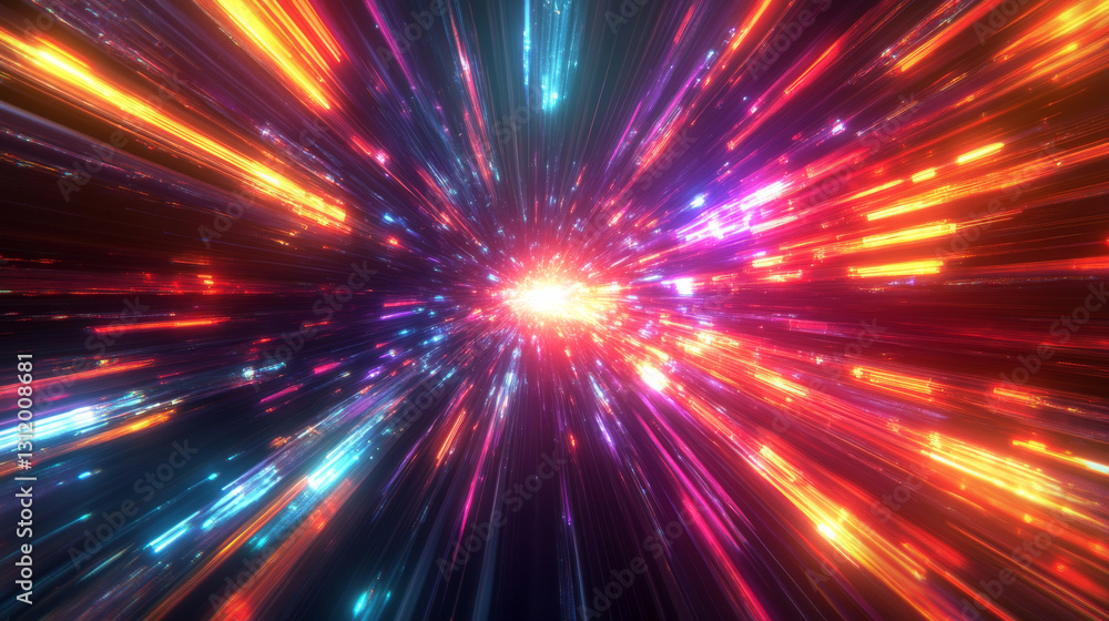 Poster a high-energy futuristic data flow design with an explosive effect, featuring neon glowing motion ra