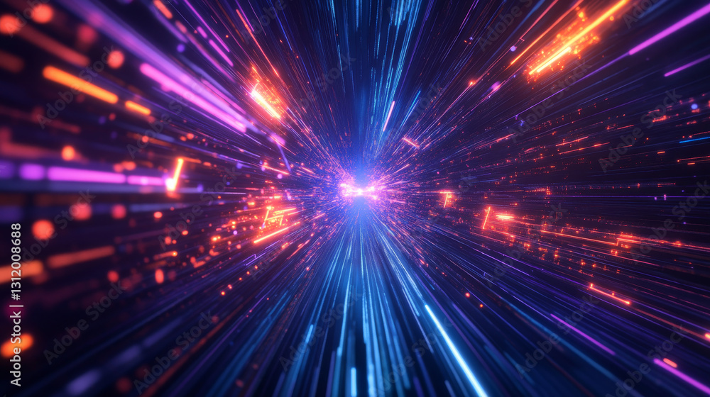 Poster a high-energy futuristic data flow design with an explosive effect, featuring neon glowing motion ra