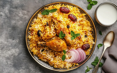 Large plate of indian biryani with chicken