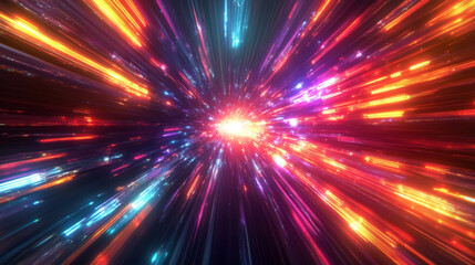 A high-energy futuristic data flow design with an explosive effect, featuring neon glowing motion rays for a sci-fi-inspired hyperspeed space travel concept