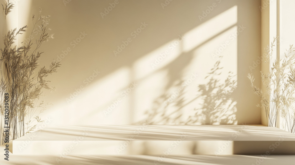 Poster a minimalistic light beige abstract background for product displays, enhanced with intricate shadows