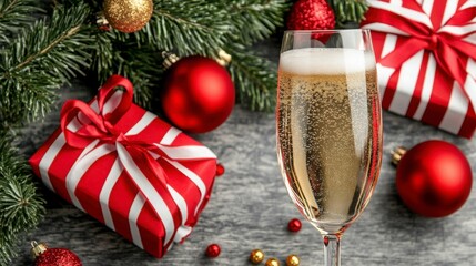 Festive Celebration with Champagne, Ornaments, and Gifts on Table