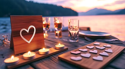 Romantic Evening by the Lake with Heart Decorations and Candles at Sunset