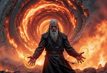 Ancient sorcerer channeling fire magic with swirling flame portal. Perfect for fantasy book covers, game design, dark fairy tale content, and mystical storytelling on blogs and websites.