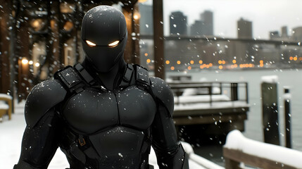 Naklejka premium Black Masked Figure in Snowy City at Night