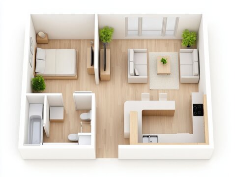 Isometric floor plan of a small apartment showcasing bedroom and living room areas in efficient modern design