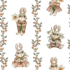 Watercolor seamless pattern with spring flowers and cute bunnies in a vintage whimsical style, featuring trendy 2025 colors. Charming and nostalgic design, perfect for textiles, packaging, wallpapers