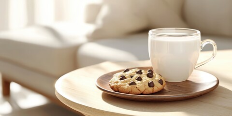 Happy take a break travel. A cozy scene with a glass of milk and a chocolate chip cookie on a wooden table.