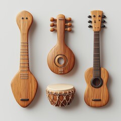 Naklejka premium Bundle of Wooden Musical Instruments: Guitar, Ukulele, Lute, and Drum