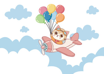 cat  is flying on a plane and holding colorful balloons
