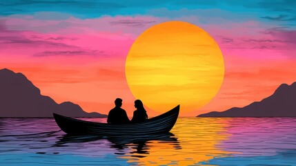 A romantic scene of a couple in a boat under a vibrant sunset, surrounded by gentle waves and mountains in the background.