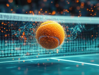 Energetic tennis ball collision with net, digital effect and vibrant color