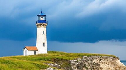 Scenic Lighthouse on Green Cliff with Dramatic Sky Over Ocean