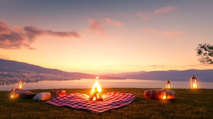 Obraz premium Cozy Evening Picnic by Campfire with Stunning Sunset over Lake and Mountains in Background