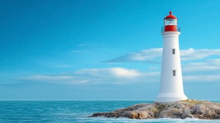 Bright Lighthouse Standing Tall Beside Calm Ocean Waves and Sky