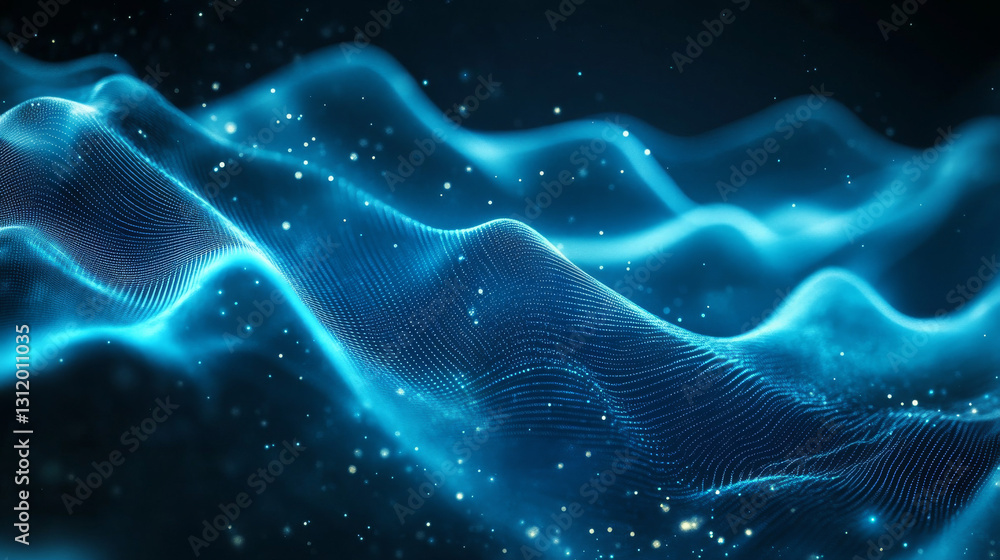 Poster an engaging composition of moving blue lines, abstract wave formations, and a luminous technology-in