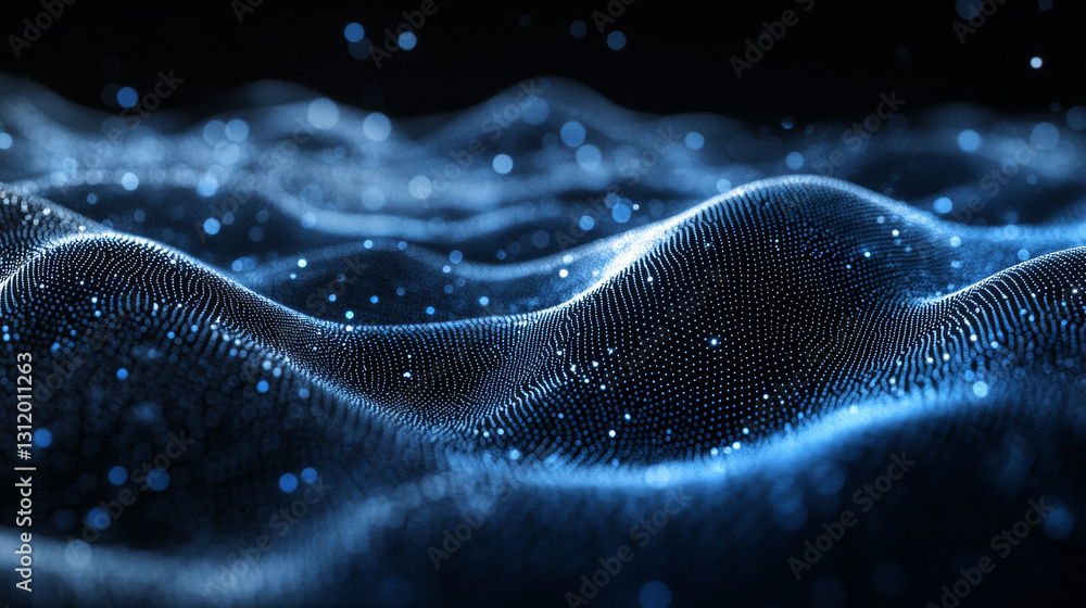 Poster a visually striking wave of small, rounded particles flowing effortlessly in an abstract pattern, id