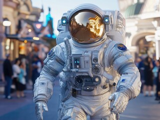 Astronaut walks through the city streets a captivating juxtaposition