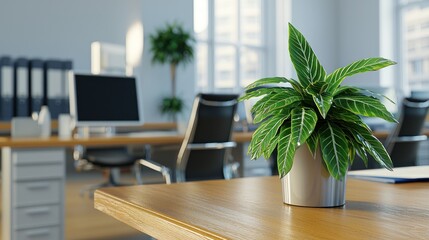 Fototapeta premium Modern office plant on desk, bright interior, blurred background. Possible use stock photography for office, workspace, and interior design