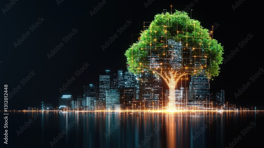 Poster a glowing energy-efficient building shaped like a tree.