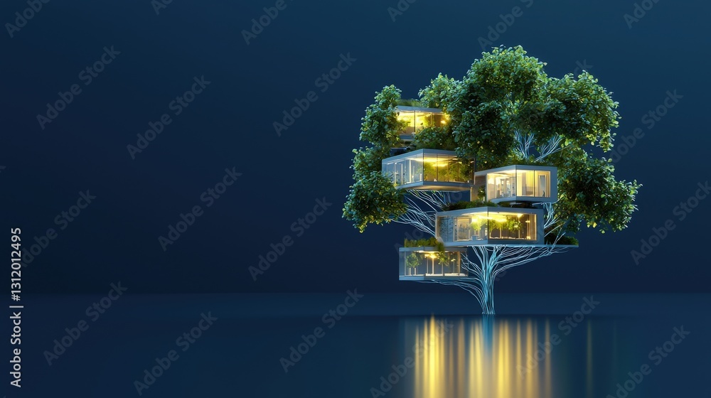 Poster a glowing energy-efficient building shaped like a tree.