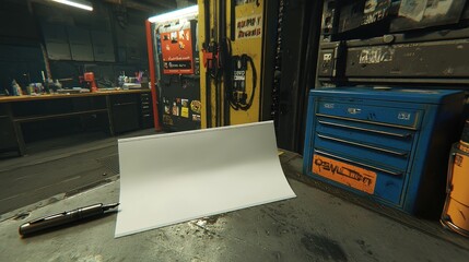 Empty workbench, blank paper, workshop interior, industrial background, potential design mockup