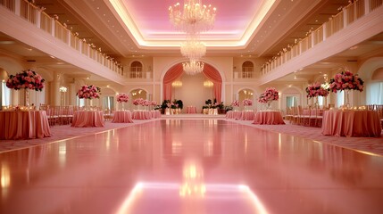 Elegant Wedding Reception Hall with Floral Arrangements and Grand Chandelier Lighting