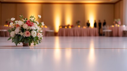 Elegant floral arrangement at wedding reception with warm lighting and blurred guests in background