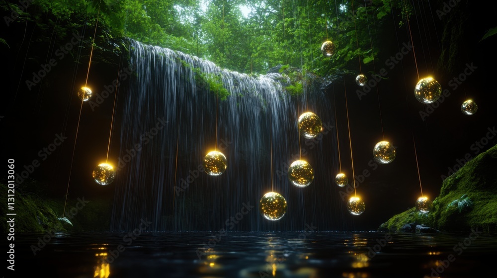 Poster a mystical scene features glowing orbs suspended on thin strings against a backdrop of a waterfall c