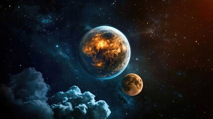 Obraz premium A cosmic view of Earth and the Moon aligned, glowing softly against the infinite blackness of space