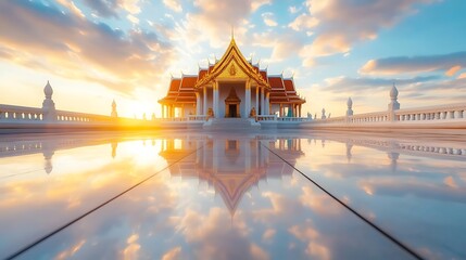Beautiful Sunset Reflection of a Thai Temple with Colorful Clouds and Dramatic Sky