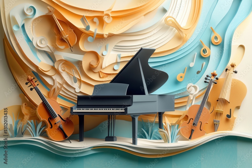 Poster dynamic paper craft featuring musical notes flowing around a grand piano and string instruments in a