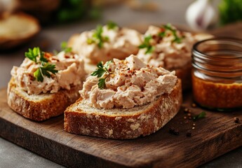 Creamy Chicken Salad Spread on Toast Slices Garnished with Fresh Parsley and Red Pepper Flakes on Wooden Board with Condiments in Rustic Setting