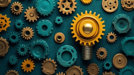 Golden Gear Lightbulb Idea - Innovation and Teamwork Concept