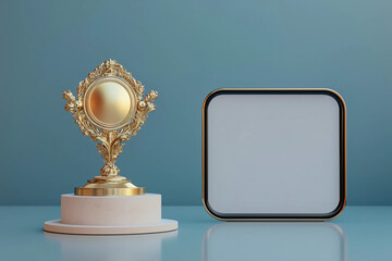 A golden ornate trophy with a circular mirror design next to a modern black frame, both displayed on a sleek marble base against a soft blue background.