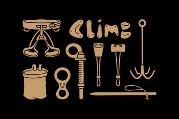 climbing sit harness, figure, chalk bag, anchor, wall grips, stopper, chock, fastener safety gears filled solid style icon element designs collection set for adventure, explorer, mountaineer, climber