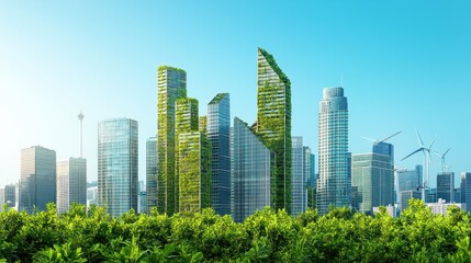Fototapeta premium Sustainable city skyline with green buildings and trees