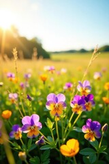 Obraz premium Golden Hour Meadow Vibrant Pansies Bask in the Warm Sunlight of a Peaceful Spring Day