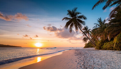 Fototapeta premium Beautiful exotic Island with white sandy beaches and palmtress with sunset in the background scenery