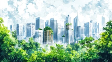 Obraz premium Sustainable city skyline, lush trees, urban greenery, future environment, possible use for eco-conscious design