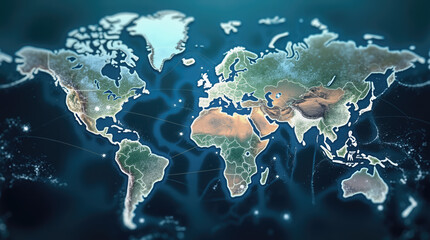 Detailed representation of the world map featuring geographic regions, highlighting landforms and oceans with vibrant colors. Ideal for educational discussions or presentations