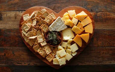 Heart-shaped cheese board with a selection of cheeses and crackers