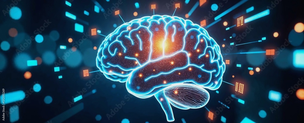 Poster artistic depiction of artificial intelligence with glowing brain and holographic data