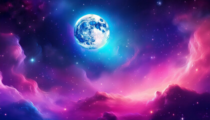 Naklejka premium Beautiful fantasy world background with pink fluffy clouds, shimmering stars and the moon