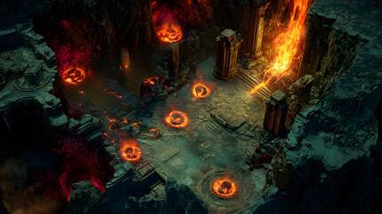 Infernal Temple Ruins Volcanic Landscape with Ancient Architecture